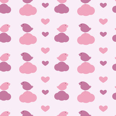 Pattern with birds, hearts and clouds
