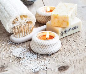 Natural Soap.Home Spa Setting with burning Candles