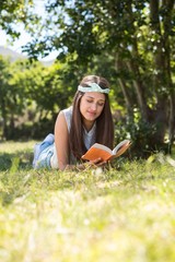 Pretty brunette reading book in the park