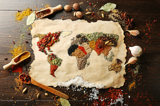 Naklejki Map of world made from different kinds of spices