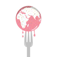 Isolated cartoon of pink sprinkle earth cake and fork