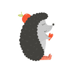 Vector cute hedgehog with apple and heart