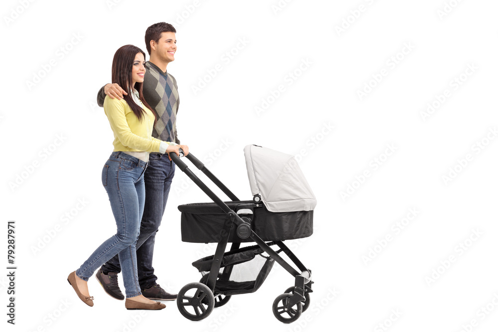 Poster Young parents pushing a baby stroller