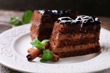 Tasty pieces of chocolate cake with mint and cinnamon