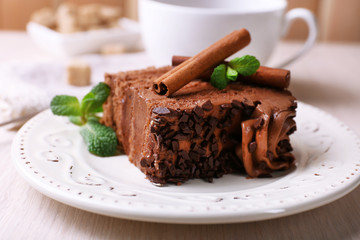 Tasty piece of chocolate cake with mint and cinnamon