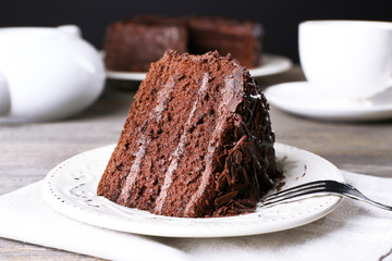Delicious chocolate cake in white plate
