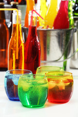 Glassware of different drinks, closeup
