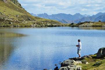 Fototapeta na wymiar Recreational fishing in the mountains, Pyrenees, Bearn