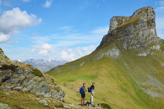 Tourists near the mountain Casterau in the Atlantic Pyrenees