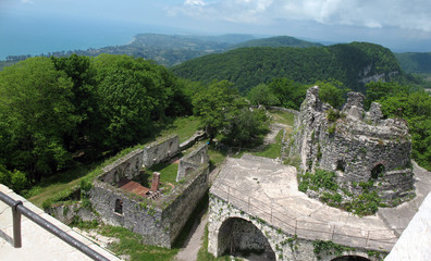 Fototapeta na wymiar Ruins of the Fortress of the ancient capital Anakopia. Iverian mountain, Abkhazia.