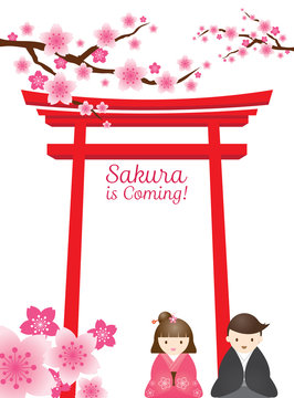 Cherry Blossoms or Sakura flowers with Torii Gate and Couple