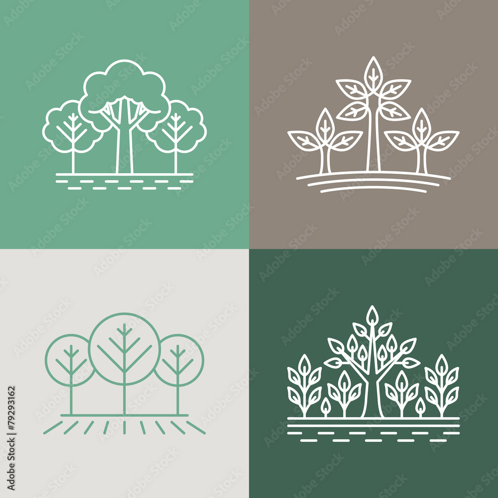 Poster Vector trees and parks logo design elements in linear style - ab