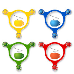 four abstract vector objects and a colored cup of coffee