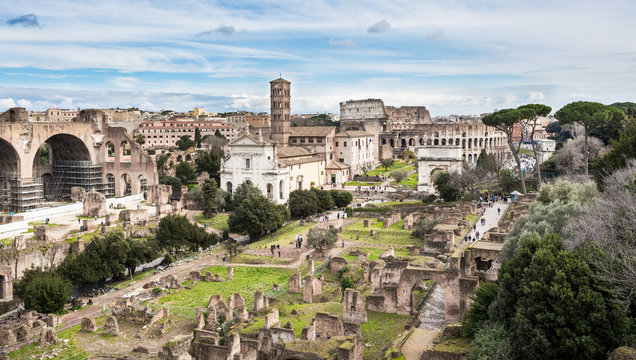 Roman Forum southeast side, view from Palatine hill, Rome, Italy