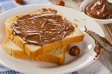 Bread with chocolate spread on a white plate