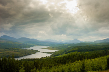 Aerial view of Scotland, highlands, with dramatic cloudy sky