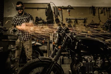 Peel and stick wall murals Motorcycle Mechanic doing lathe works in motorcycle customs garage