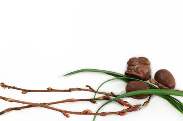 Chocolate Easter Eggs and Bunny - Background Isolated on White