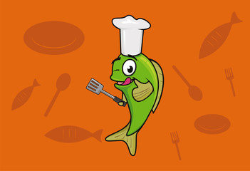 Chef fish cartoon logo illustration