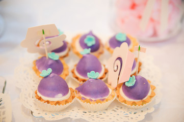 wedding dessert with delicious cakes and macaroons