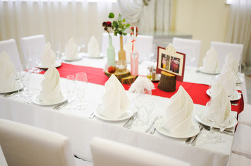 Banquet wedding table setting on evening reception