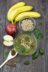 Green smoothie with apples, spinach, banana, germinated buckwhea