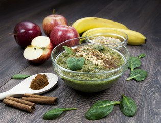 Green smoothie with apples, spinach, banana, germinated buckwhea