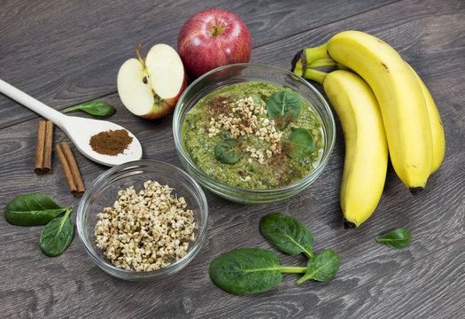Green smoothie with apples, spinach, banana, germinated buckwhea