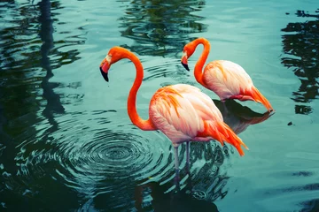 Tuinposter Flamingo Twee roze flamingo& 39 s wandelen in het water met reflecties