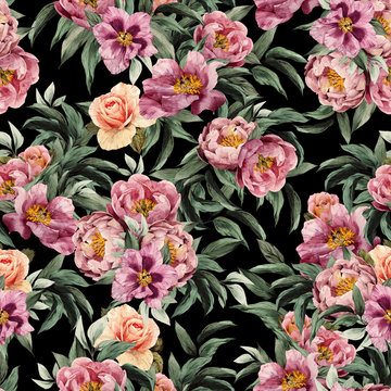 Seamless floral pattern with red, purple and pink roses on black