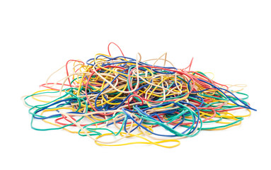 Pile of elastic bands. All on white background