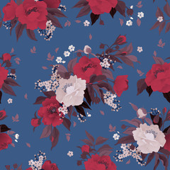 Seamless floral pattern with roses and peony on color background