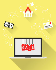 Online Marketing Concept - Cart, Money, Sale and Computer