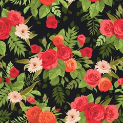 Poster Seamless floral pattern with orange and red roses on dark backgr © ola-la