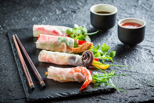 Enjoy your spring rolls with seafood and vegetables