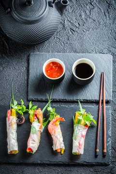 Fresh spring rolls with vegetables and rice noodles