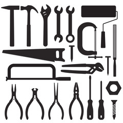 Various hand tools vector silhouette icon set 4