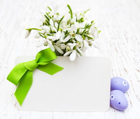 Snowdrops, easter eggs and greeting card