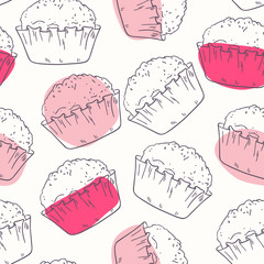 Pink outline seamless pattern with muffins - 79311569