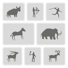 set of monochrome icons with  rock carvings and rock art