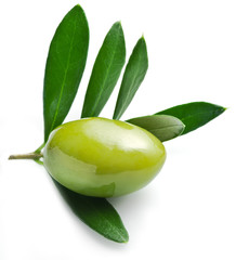 Green olive with leaves on a white background.
