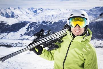 Young successful men ski mountain winter resort - 79313530