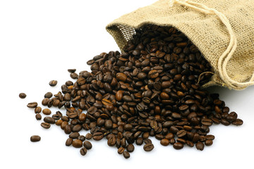 burlap sack with coffee beans on a white background
