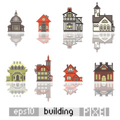 Set of Pixel art isometric building