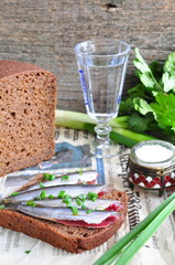Russian traditions open sandwich with a sardines on rye bread