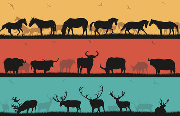 Set of illustrations with horses, bulls and deer.