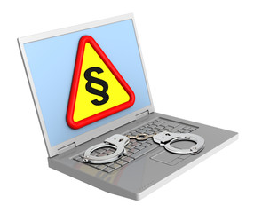 Laptop with paragraph sign and handcuffs isolated on white.