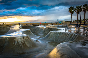 The Venice Skate Park at sunset, in Venice Beach, Los Angeles, C