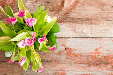 Fresh Calla Lilies on Table with Copy Space
