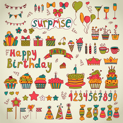 Birthday party design. Cute hand drawn elements